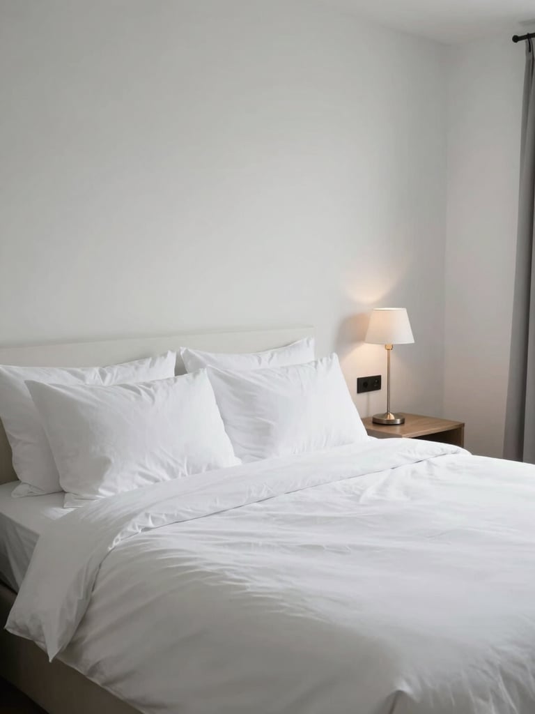 Close-up wide shot of a pristine Airbnb guest room, freshly made bed with clean white linen, polished bedside fixture, newly painted white wall visible in background, soft north-facing daylight, no people, room clearly ready for occupancy