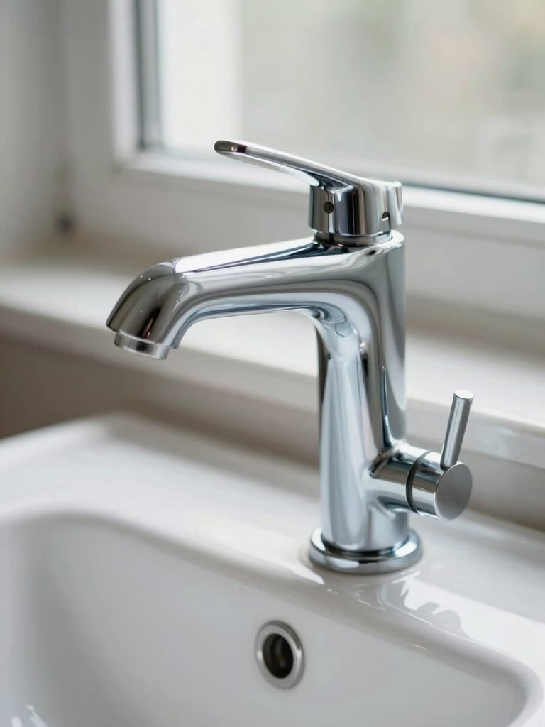 Close-up tight shot of a newly installed chrome basin tap and pipework, water-clear fixtures gleaming under natural north-facing window light, white ceramic sink surround visible at the edge, no people, documentation-style framing