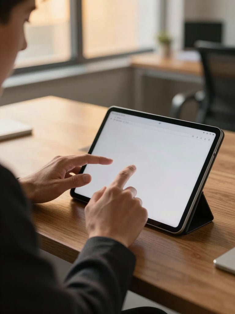 Over-the-shoulder close crop of a lawyer's hands navigating a tablet on a warm wood desk, soft amber window light casting a gentle glow across the screen, modern open-plan office visible softly out of focus in the background