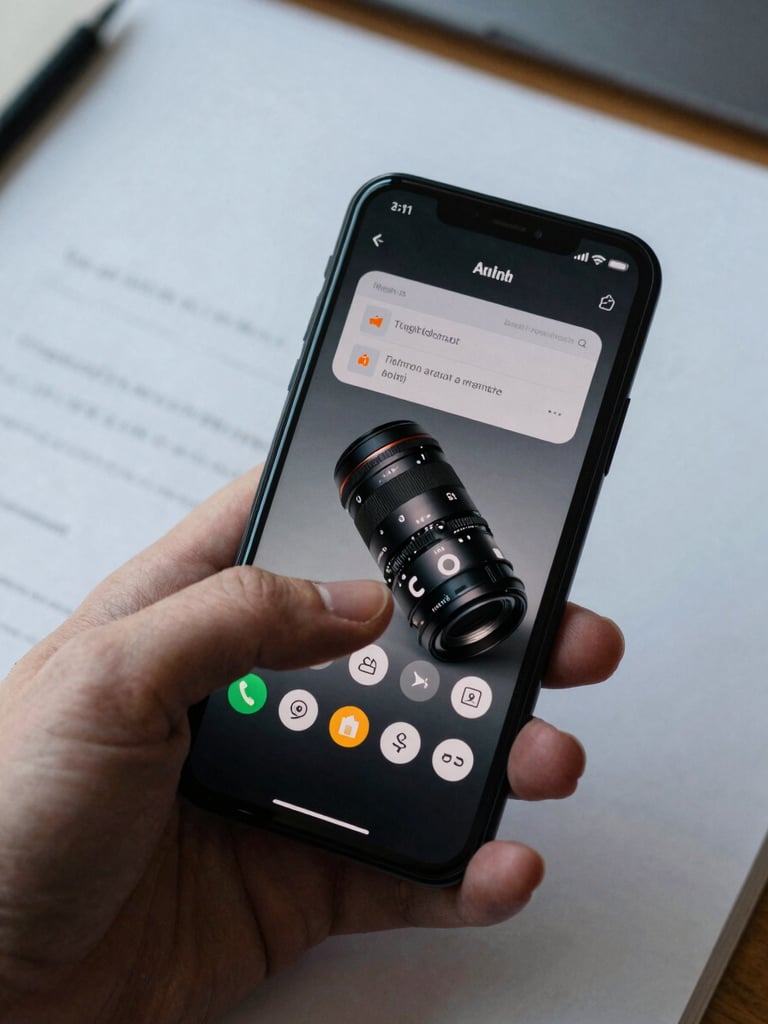 Close-up overhead view of a hand holding an Android phone mid-interaction, a detailed material-design interface visible on screen, cool north-facing daylight, desk surface with faint work-in-progress notes at the edge of frame