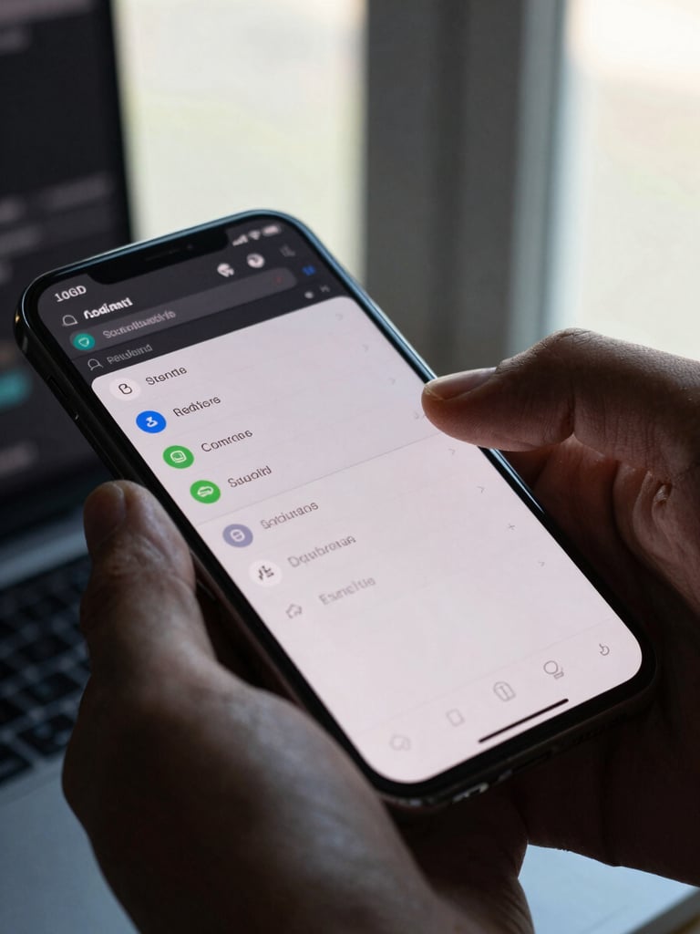 Extreme close-up of an Android device screen showing a UI component in-progress, developer tools panel partially visible, hands holding the phone mid-interaction, cool north-facing window light