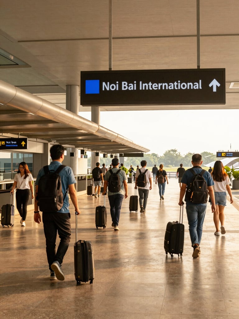 A wide shot of Noi Bai International Airport arrivals terminal in Hanoi, soft natural daylight, travelers walking with luggage, highly organized and clean environment