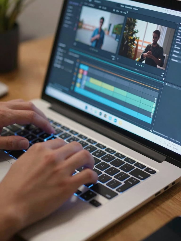 Extreme close-up of hands scrolling through a video editing timeline on a laptop screen, ring-light spillover casting cool blue-white light across the keyboard, editing software UI visible, desk surface partially in frame — natural in-situ workspace, no studio polish