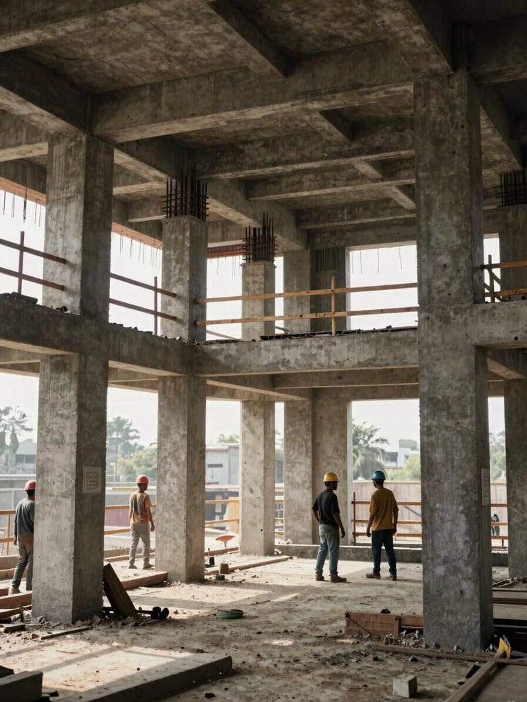 Wide architectural framing of an active residential construction site interior in Patna, concrete columns and rebar visible mid-pour, workers in hard hats laying structural framework, north-facing daylight flooding through open window openings, dust motes in the air showing scale and depth, no people's faces visible