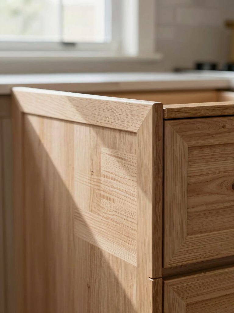 Intimate close-up of cabinetry joinery in a completed kitchen renovation — dovetail drawer corner, hand-applied oil finish on quarter-sawn white oak, cool north-facing window light raking across the grain, no people