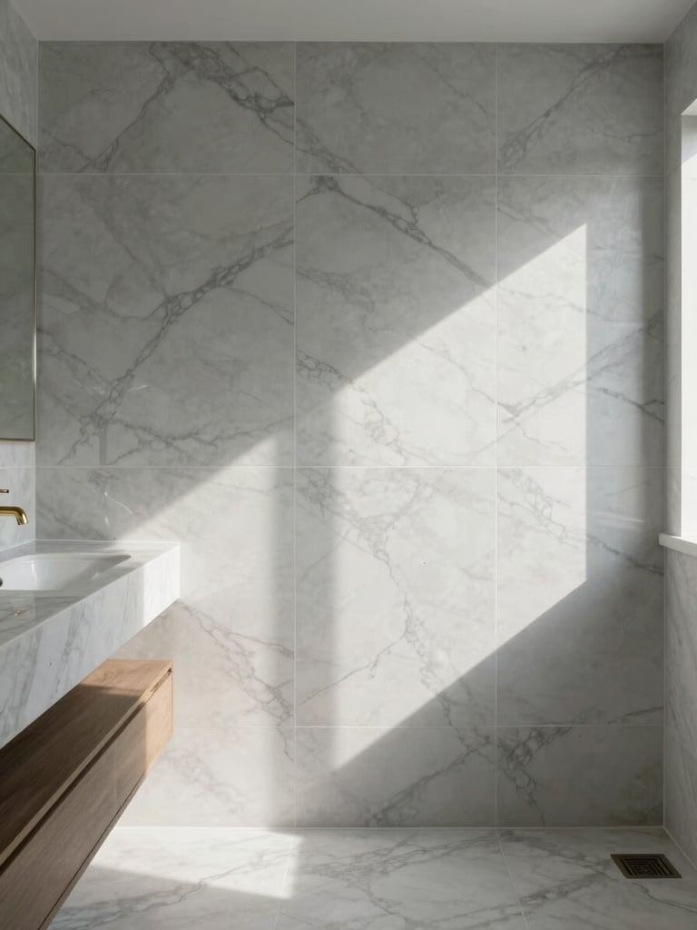 Wide interior shot of a completed luxury washroom renovation, cool north-facing daylight raking across large-format marble wall tiles, a floating vanity with brass hardware visible at the left edge, precise grout lines and seamless joinery in focus, no people