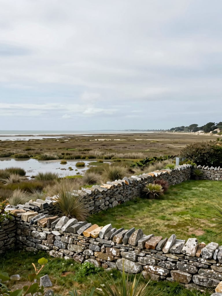Wide panoramic Atlantic coastline at Île de Ré, a stone-walled private garden in the right foreground, salt marshes receding to the left horizon, overcast soft light, no people, no structures beyond a low wall