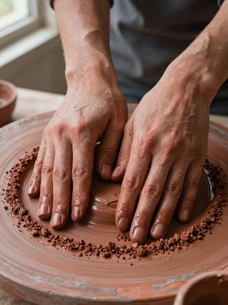 Extreme close-up overhead shot of hands pressing earth pigment into raw clay on a stone surface, soft north-facing window light, deep ochre and terracotta tones, no faces visible