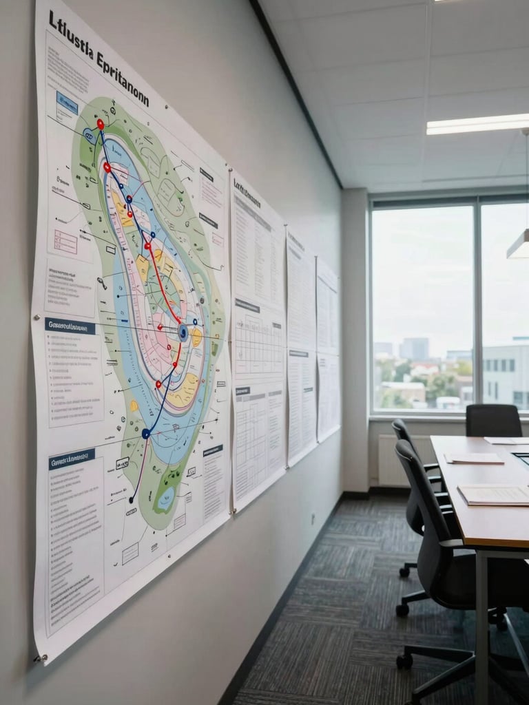 Wide environmental shot inside a global brand's operational planning suite, large format printed strategic maps pinned to a wall on the left side, a long conference table with open planning documents visible, natural daylight from floor-to-ceiling windows on the right, composed and still, no people