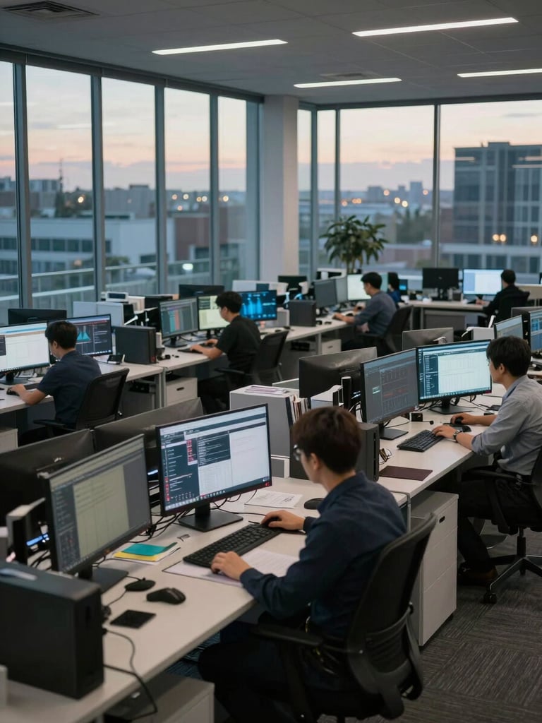 Wide panoramic view of a corporate operations floor at dusk, rows of active workstations and large monitor dashboards visible through floor-to-ceiling glass, natural light fading, no people in frame