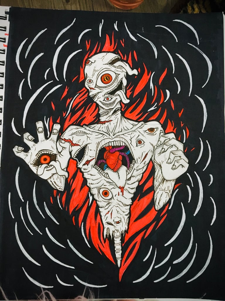 a marker drawing of a macabre demonic creature covered in eyes and mouths with an exposed heart coming out of its ribs.