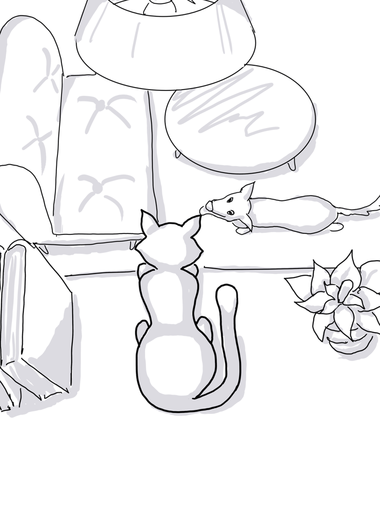 a drawing of a cat on a shelf looking down the living room