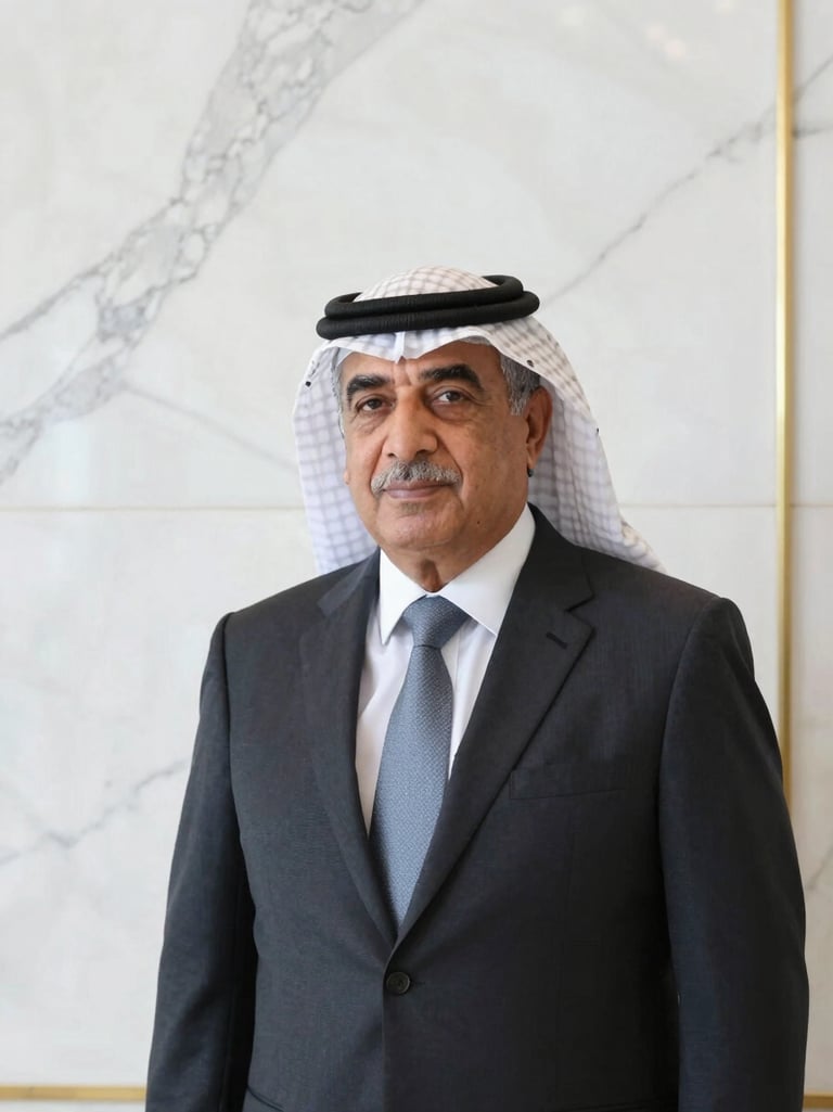 Dignified formal executive portrait of a senior Arab legal counsel, dark suit, serene expression, white marble background with subtle gold accents, soft natural lighting, editorial style