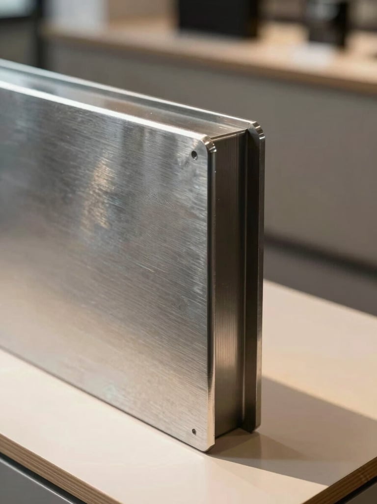 Close-up portrait of a precision-cut steel retail display fixture, polished edge detail visible, standing in a minimal high-end store interior, controlled north-facing daylight, warm ambient glow from below, surface texture crisp and exact