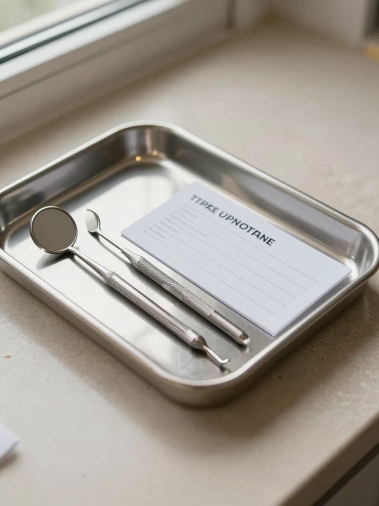 Close-up overhead flat-lay of a dental consultation tray — mirror, scaler, and appointment card on pale stone surface, soft natural window light, warm neutral tones, no people visible