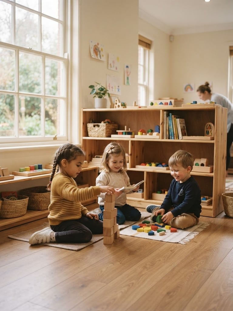 Warm sunlit daycare interior with natural wood shelving, soft morning light filtering through a window, eye-level medium shot.