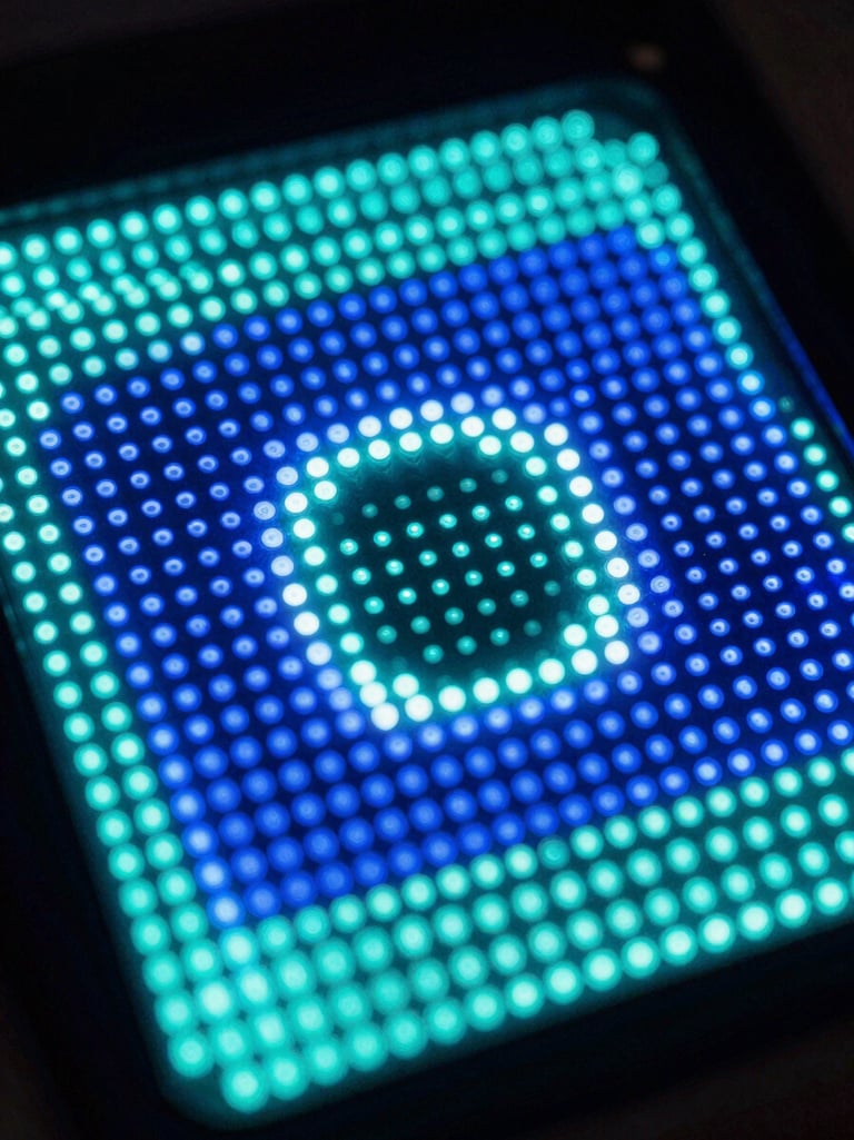 Macro photography of a vibrant pixel array on an active LED display, electric blue and neon cyan light emitting, high contrast, dark ambient background, sharp focus, 50mm lens