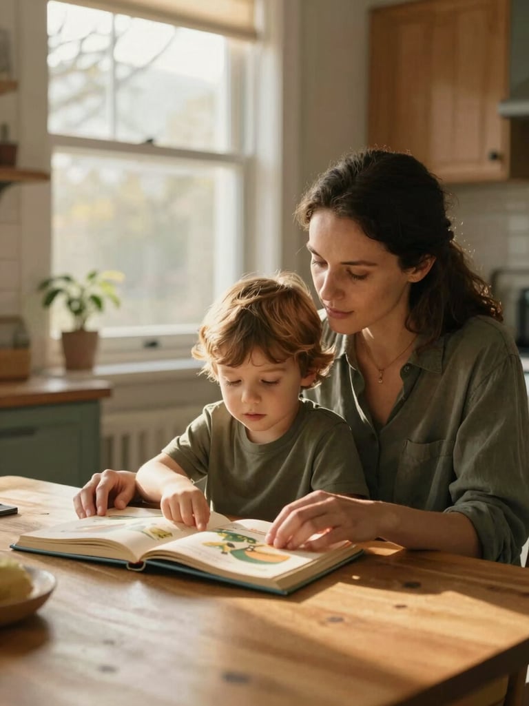 Wide shot of a mother and young child sitting close at a wooden kitchen table, late afternoon golden light from a side window, hands together over an open illustrated book, the child pointing at a page with curiosity, warm ochre and forest tones, no eye contact with camera, real domestic environment