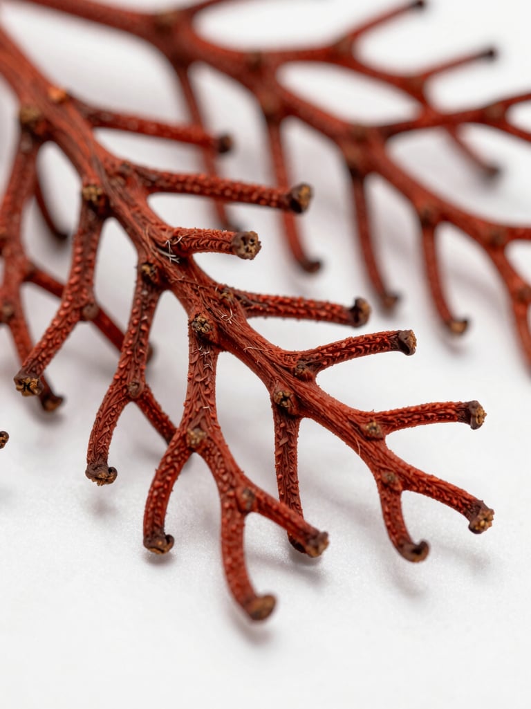 Extreme close-up macro of dried Hypnea musciformis fronds on a white surface, showing hooked branch tips and fiber texture, bright diffused studio light, no shadow, true red-brown coloration