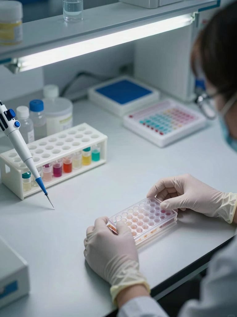 Medium-distance overhead view of a laboratory bench under controlled fluorescent studio lighting: gloved hands positioning a multi-well plate next to a pipette rack and sample vials, engineered tissue cassettes visible in the background, matte steel and white surfaces, no color enhancement, clinical precision framing