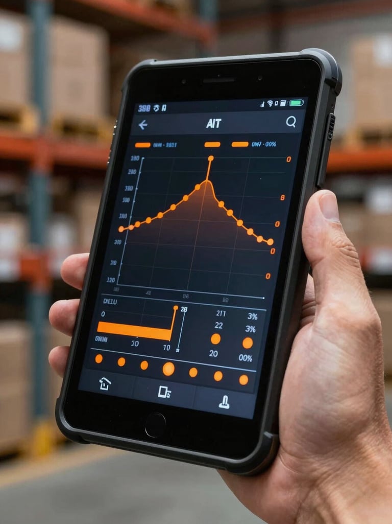Extreme macro close-up of a hand holding a rugged Android tablet in a dimly lit warehouse, sharp orange indicator lights reflecting on the screen showing real-time telemetry graphs.