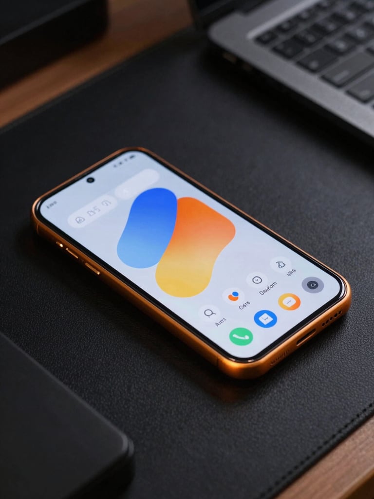 Dead-on orthographic view of an Android test device on a black workbench, sharp amber rim lighting highlighting precise physical button edges and a fluid custom interface.