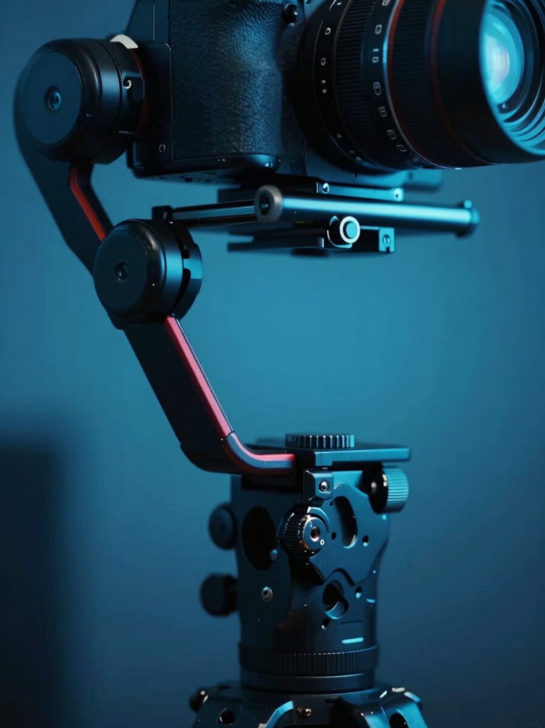 Macro shot of camera setup on a professional gimbal, cool cyan studio backlighting, technical rig details visible.