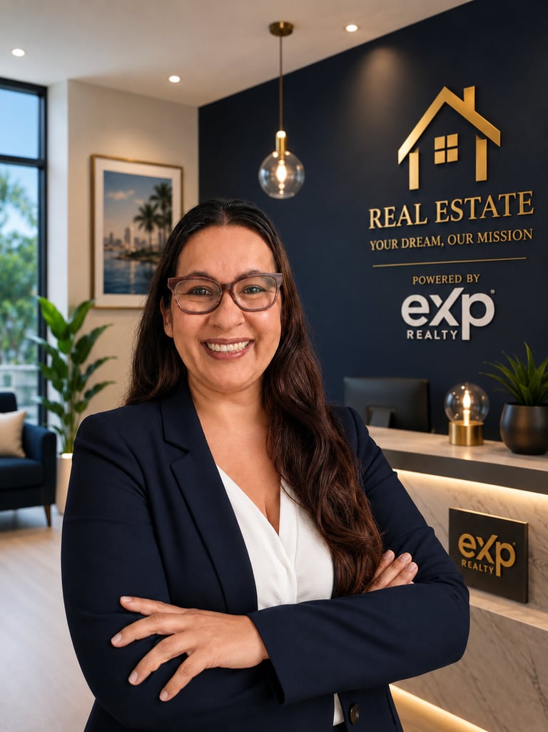 Smiling female real estate agent in a modern eXp Realty office with arms crossed.