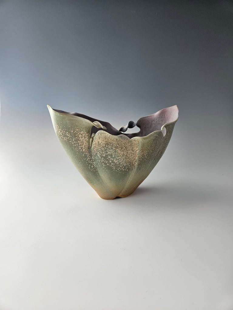 Lily Boat porcelain vessel, green & dusty lavendar microcrystalline glaze. Handbuilt. Highfired ^10