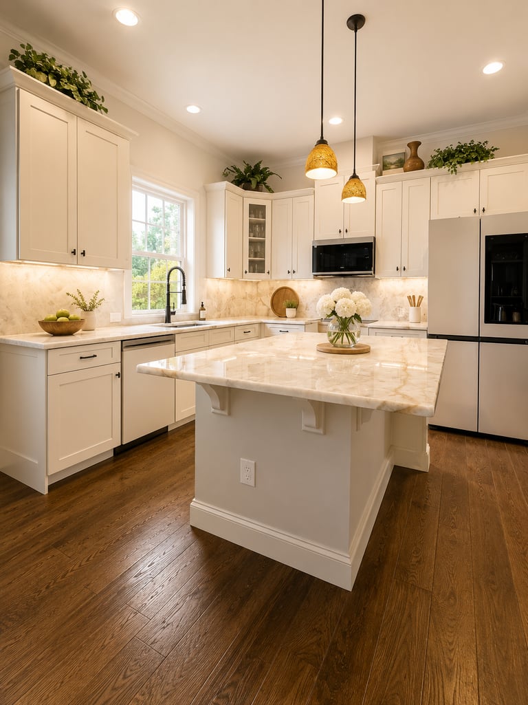 Modern white kitchen with marble countertops, central island, and hardwood floors.