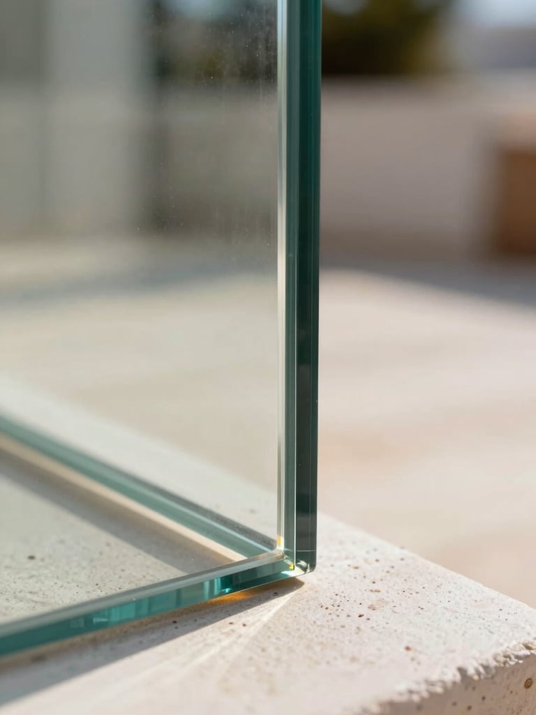 Extreme close-up macro of a laminated glass panel edge on a sunlit Costa del Sol terrace, the PVB interlayer visible as a faint white line between two glass sheets, warm midday light refracting through the edge casting a prismatic line onto white stone below, shallow depth of field, minimal background