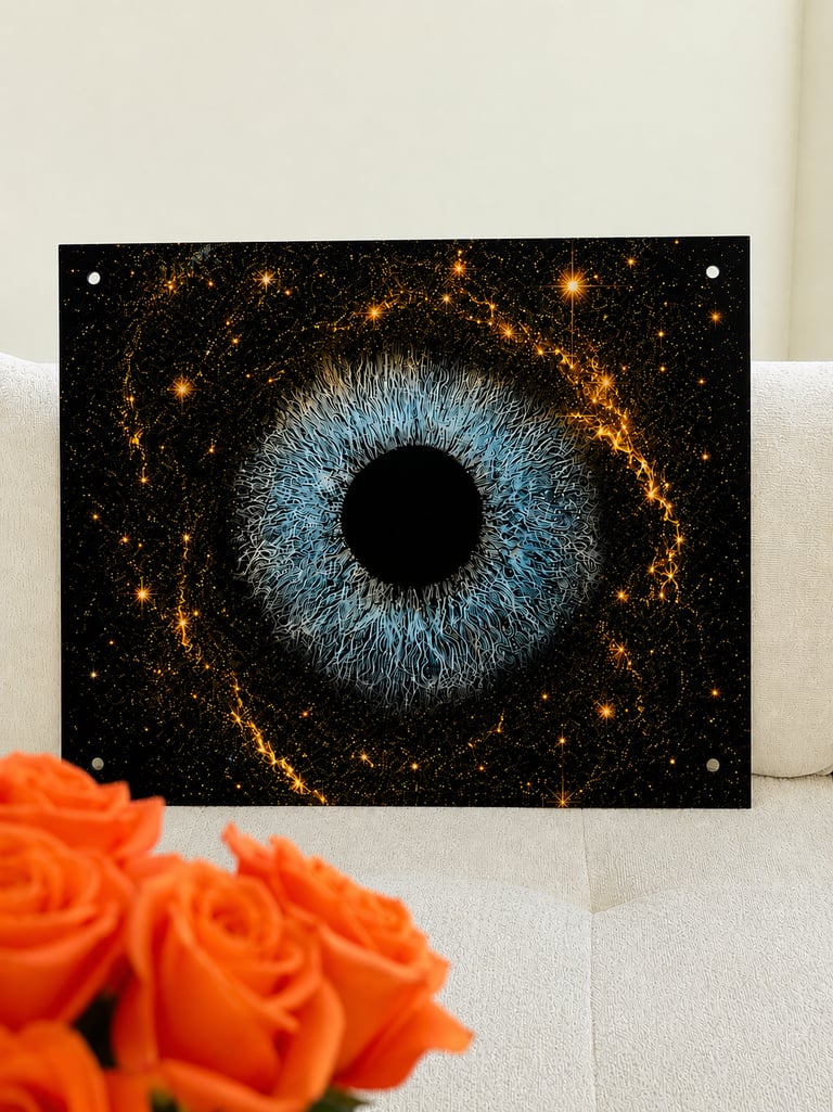 A detailed blue eye iris art print on a galaxy background with golden stars and nebulae.