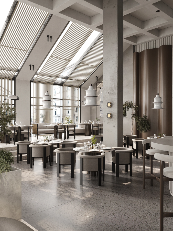 a restaurant with a large open space with a large window