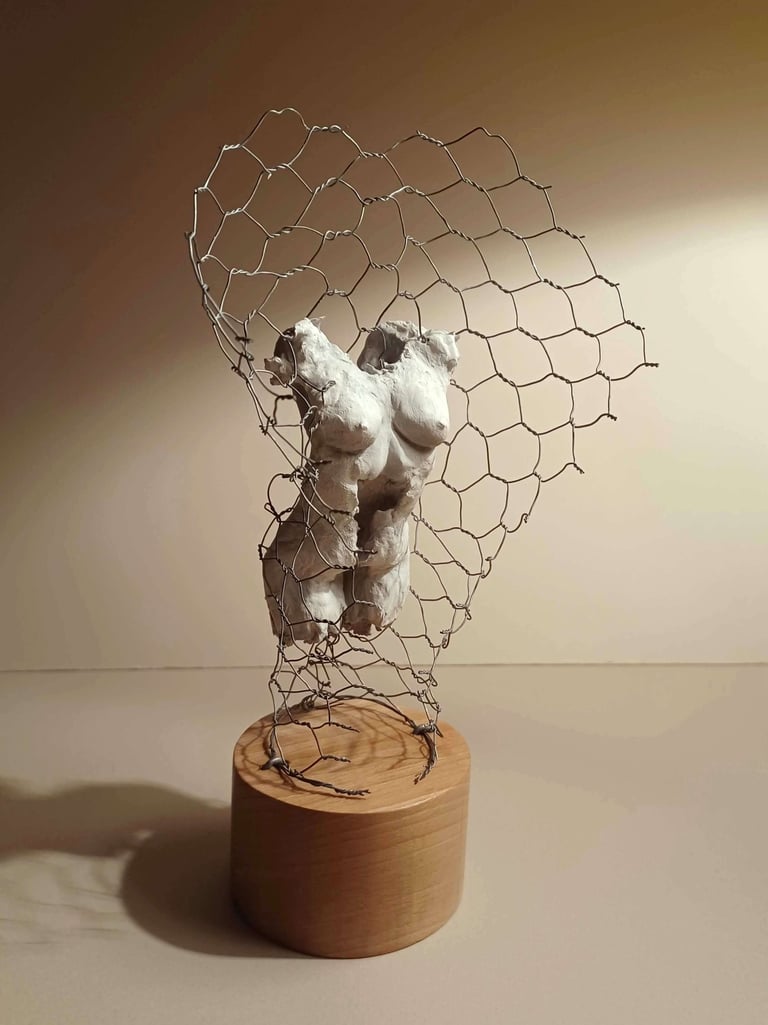 A clay female torso surrounded by wire netting, painted in neutral colours