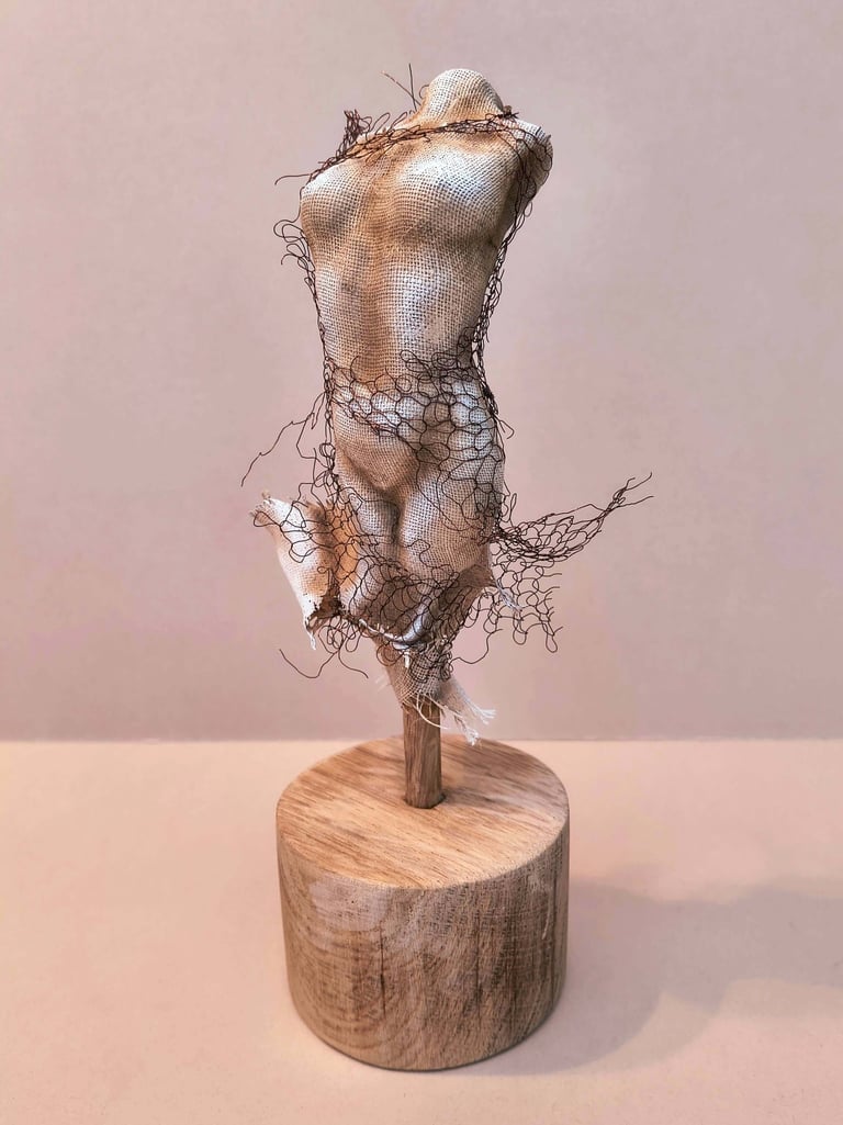 Female torso, clothed in tight fitting fabric, wrapped in torn copper wire netting