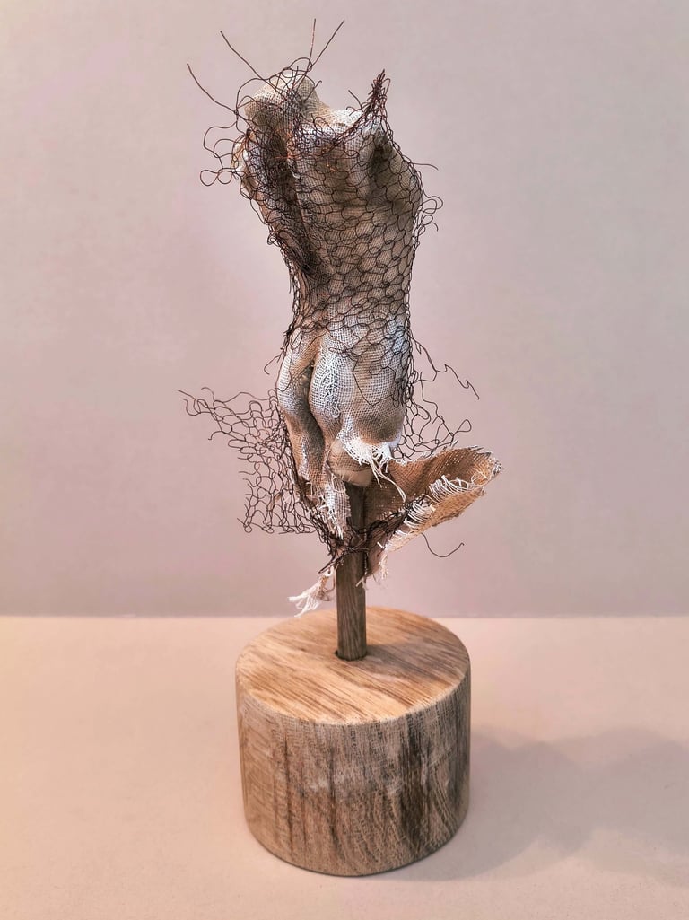 Female torso, clothed in tight fitting fabric, wrapped in torn copper wire netting