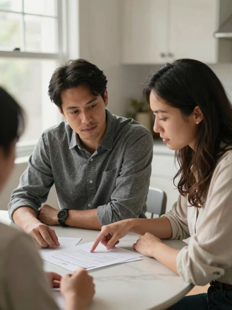 Medium shot of a housing counselor and a homeowner seated across a kitchen table, both leaning slightly forward over mortgage paperwork, counselor pointing to a document detail, soft natural light from a window to the left, genuine focused expressions, warm afternoon tones, no studio lighting
