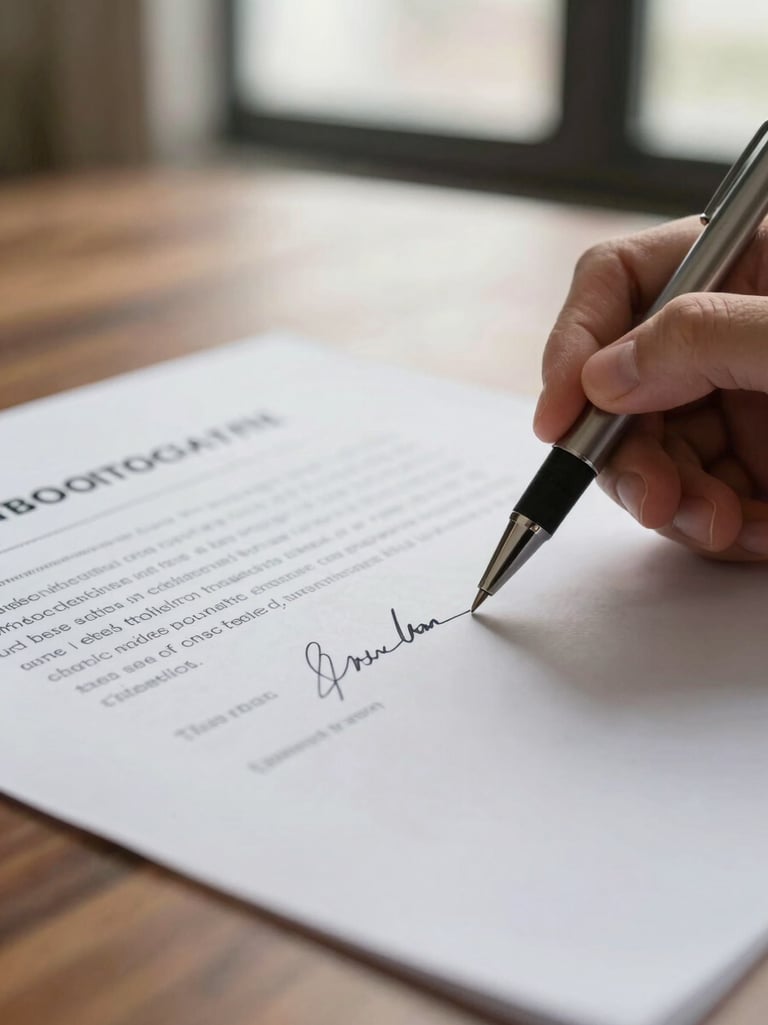 Close-up detail of a pen held above a mortgage modification document on a wooden table, homeowner's hand visible, soft diffused daylight from a nearby window, warm paper tones, shallow focus on the pen tip and signature line