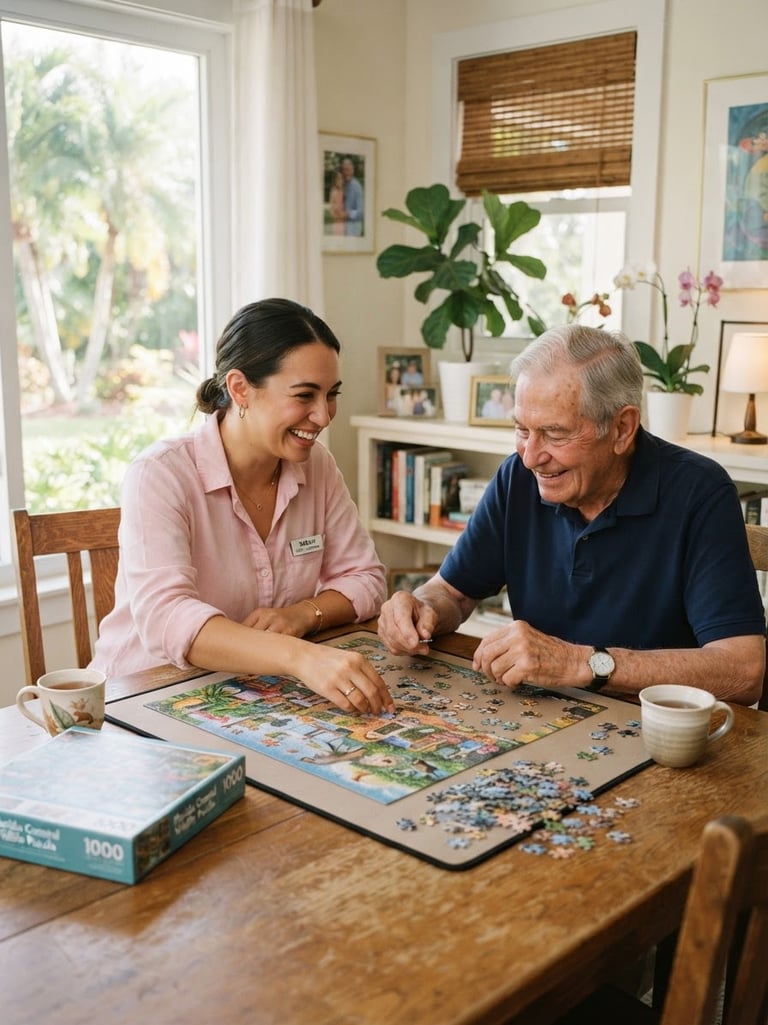 A cheerful caregiver with a soft pink shirt sitting at a wooden table with an elderly gentleman, assembling a jigsaw puzzle together in a sunlit Florida home.