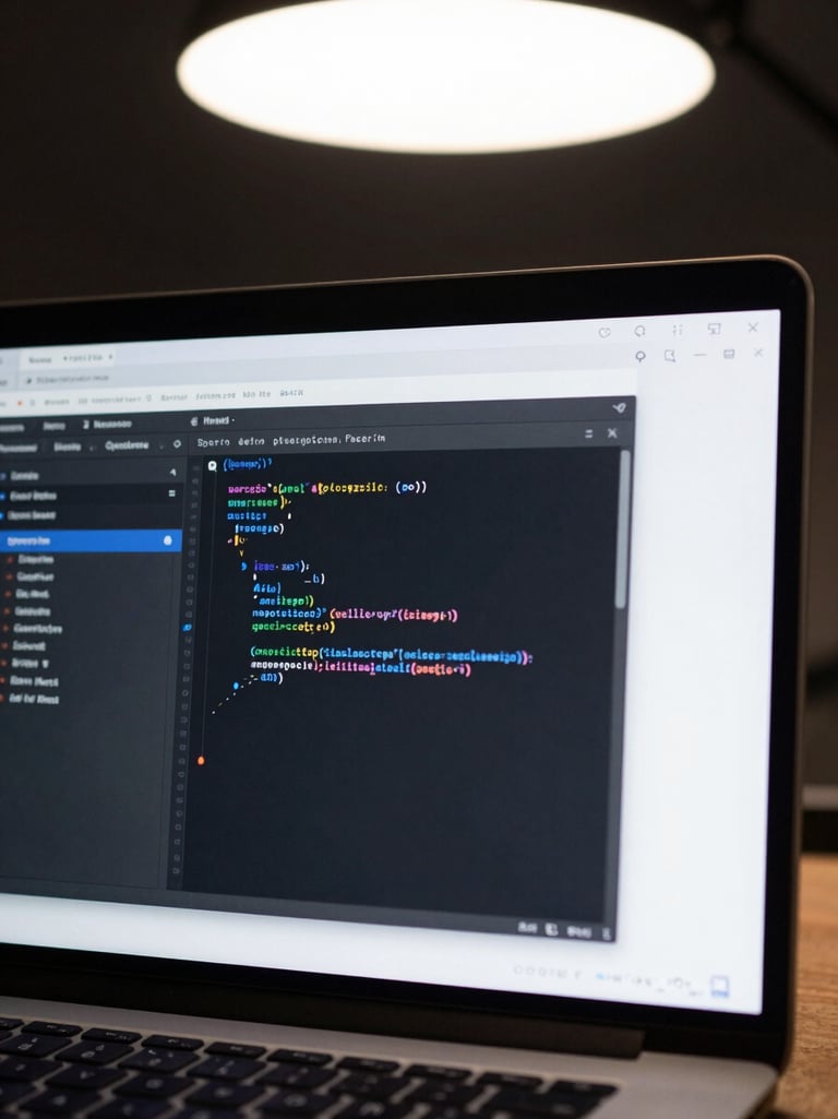 Close-up of a laptop screen displaying a clean app interface with dark UI, code editor visible on half the screen, sharp studio lighting from above, no people