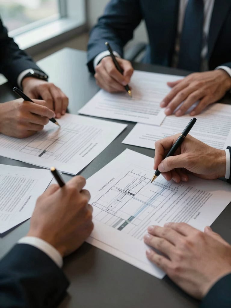 Close-up overhead view of a strategy session in a corporate meeting room, printed process diagrams and data reports spread across a dark conference table, two sets of hands annotating documents with precise marks, cool north-facing window light from the left, deep shadow on the right side, no faces visible