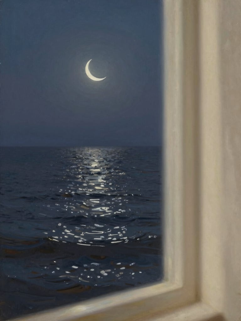 Vertical shot of an oil painting depicting a faint crescent moon over textured dark water, soft silver highlights
