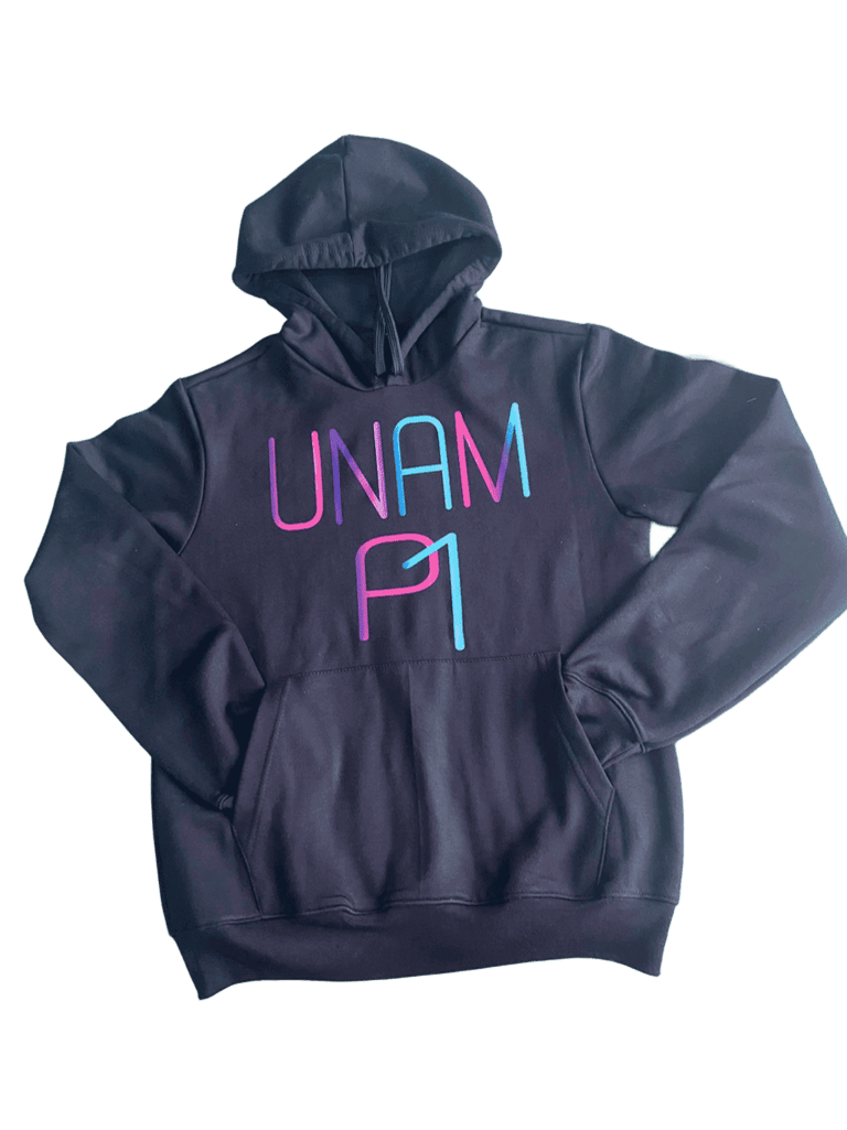 Black pullover UNAM P1 hoodie with pink and blue gradient lettering on a dark background.
