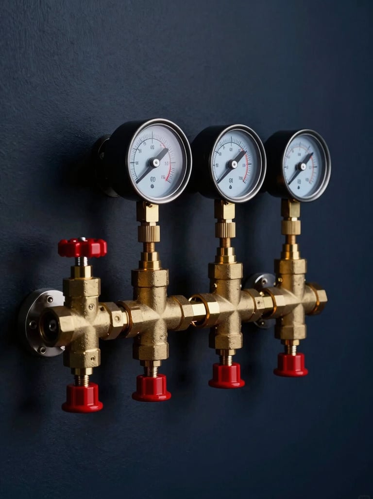 A glowing radiant heating manifold with brass valves and red flow meters, mounted on a clean dark navy wall under sharp studio lighting