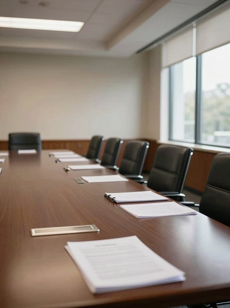 Panoramic view of an empty formal meeting room in a law office, long table with documents spread open, north-facing daylight from windows to the right, chairs unoccupied, atmosphere of institutional stillness