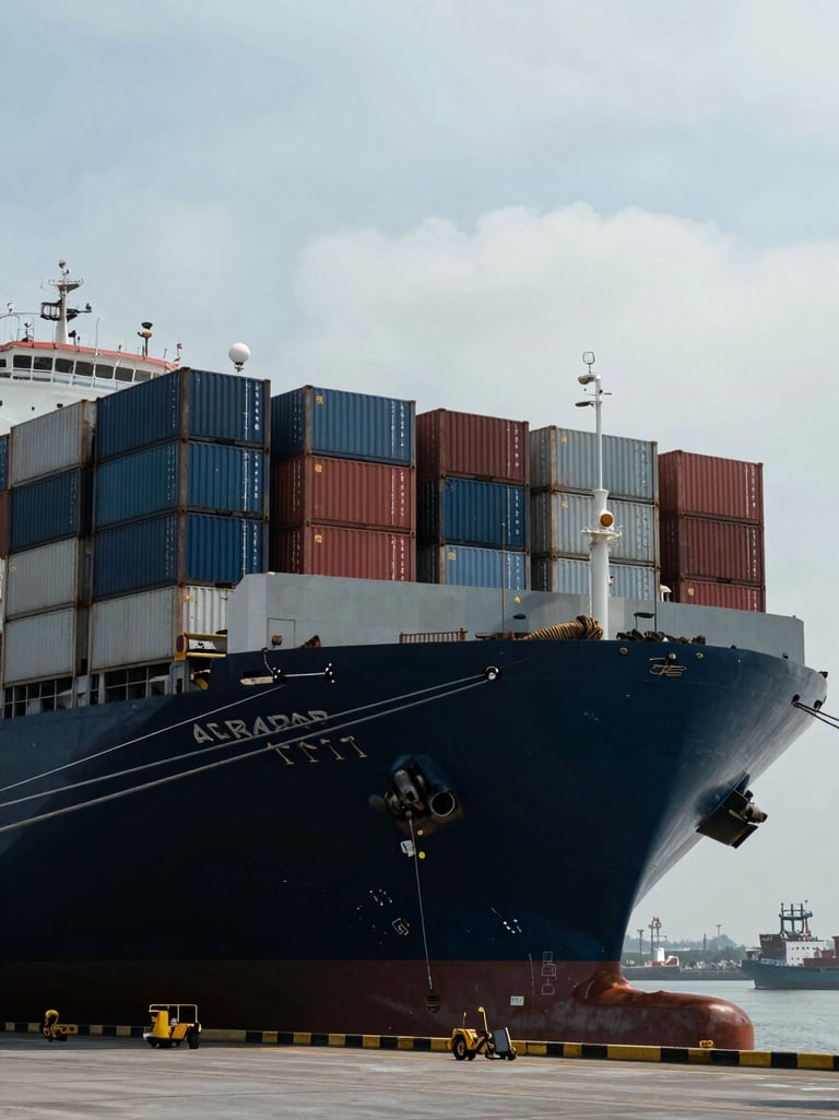 Massive container ship docked at a high-scale Shanghai port terminal under crisp overcast daylight, emphasizing metallic textures.