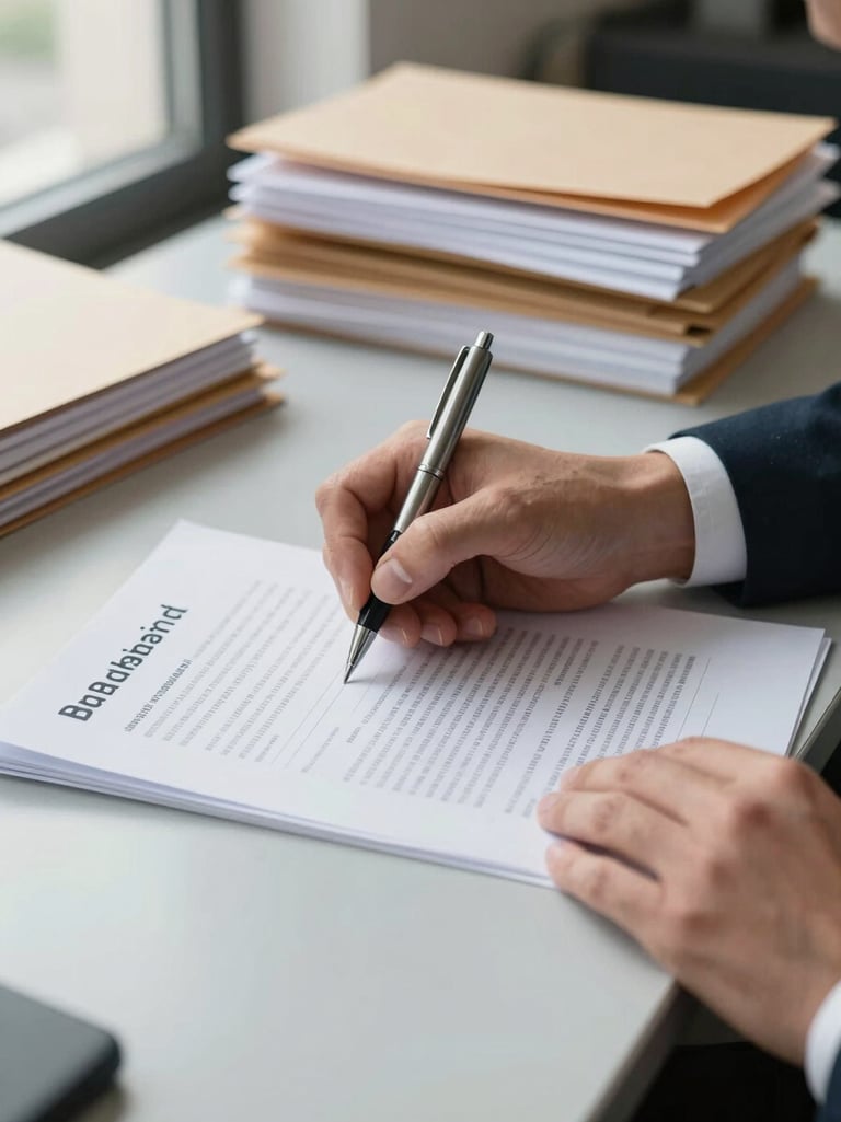 Close-up of a procurement officer's hands annotating a printed bid document on a cluttered municipal office desk, natural daylight from a window to the left, pen mid-stroke over a line of legal text, stack of folders visible in the background out of focus