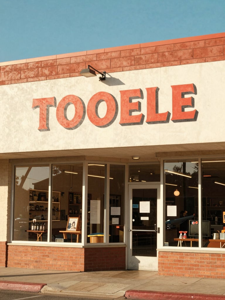 Wide environmental shot of the bright welcoming Tooele storefront with a bold hand-painted sign under warm afternoon sun