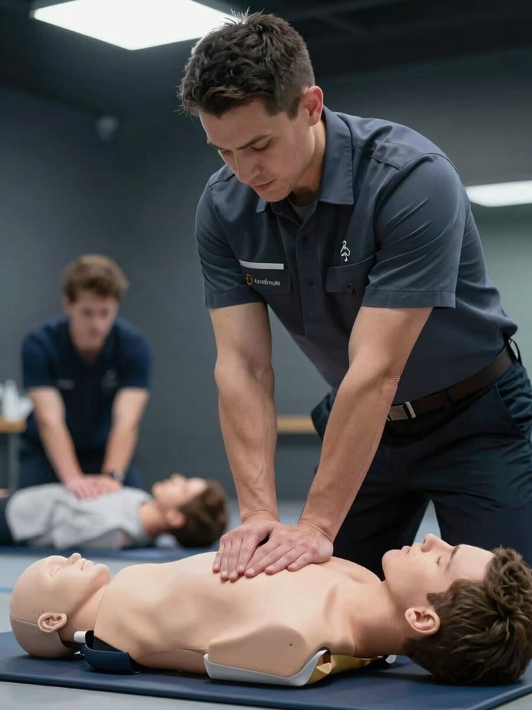 Medium shot from behind, a uniformed instructor leaning forward with both hands guiding a trainee's hand placement on a CPR mannequin during a simulation exercise, clinical training room with dark walls, cold studio strobe lighting from above creating sharp shoulder highlights, another trainee observing in soft focus background, no smiles, concentrated focus on technique