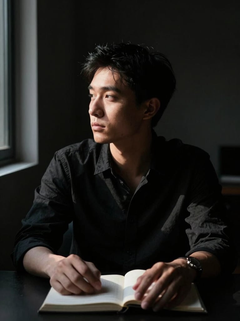 Close-up portrait framing: a solitary person seated in a dark minimal interior, dramatic chiaroscuro side-light from a narrow window cutting across one side of the face, deep shadow on the other half, hands resting on a closed journal on a dark table, psychological stillness, high contrast black and charcoal tones